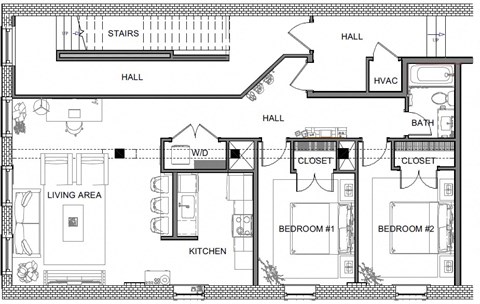 Floor plan for 2 beds, 1 bath, 1039 sqft